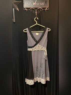 ARK Wrap Midi Dress | Black & Grey Abstract Print | Size Medium | Boho Chic